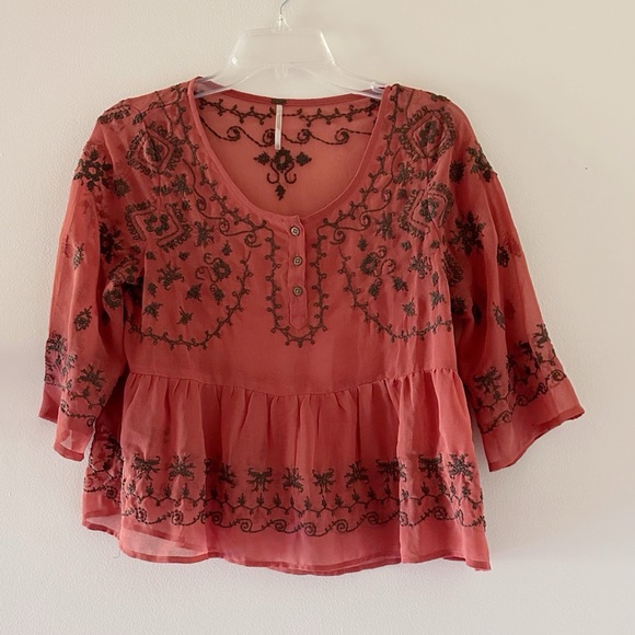 Free People Pennies Sequel Embroidered Semi-Sheer Peplum Top - Picture 2 of 6
